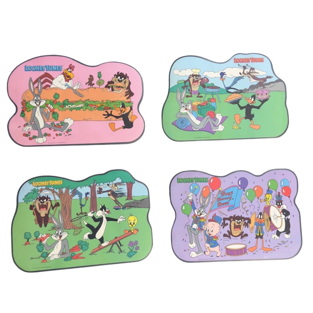 Vintage 1989 Looney Tunes Multi Sided Activity Placemats Set of 4 Bugs Bunny Taz